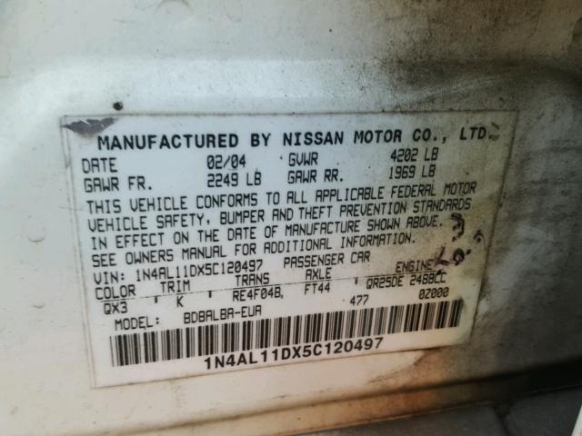 1N4AL11DX5C120497 - 2005 NISSAN ALTIMA S WHITE photo 10