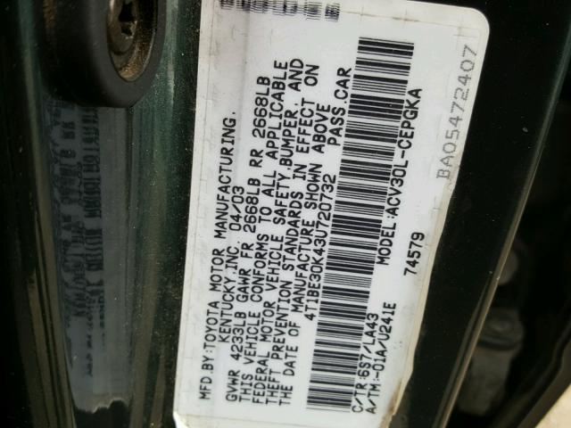 4T1BE30K43U720732 - 2003 TOYOTA CAMRY LE GREEN photo 10