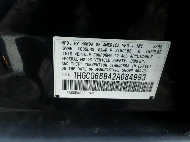 1HGCG66842A084993 - 2002 HONDA ACCORD EX BLACK photo 10