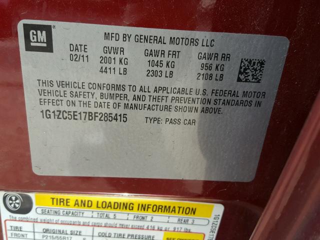 1G1ZC5E17BF285415 - 2011 CHEVROLET MALIBU 1LT 栗色 照片 10