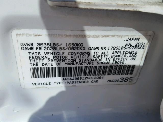 JA3AJ36B12U013264 - 2002 MITSUBISHI LANCER WHITE photo 10