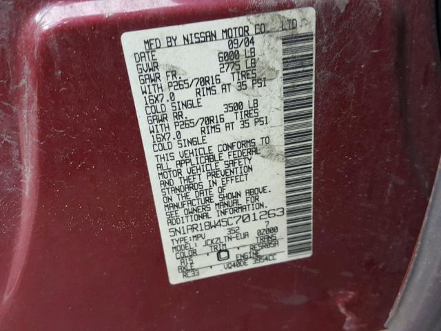 5N1AR18W45C701263 - 2005 NISSAN PATHFINDER RED photo 10