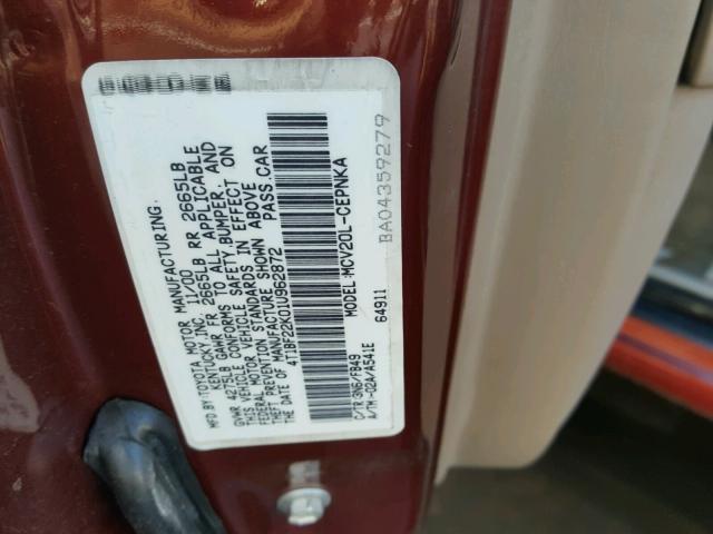 4T1BF22K01U962872 - 2001 TOYOTA CAMRY LE MAROON photo 10