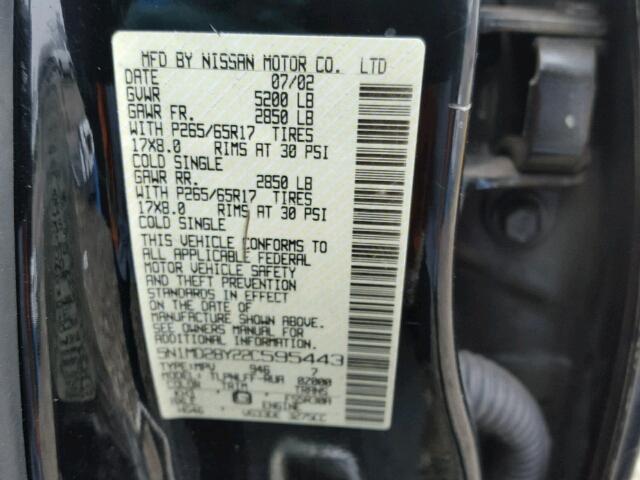 5N1MD28Y22C595443 - 2002 NISSAN XTERRA SE BLACK photo 10