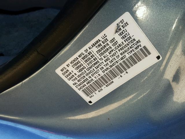 5FNRL38457B114837 - 2007 HONDA ODYSSEY EX BLUE photo 10