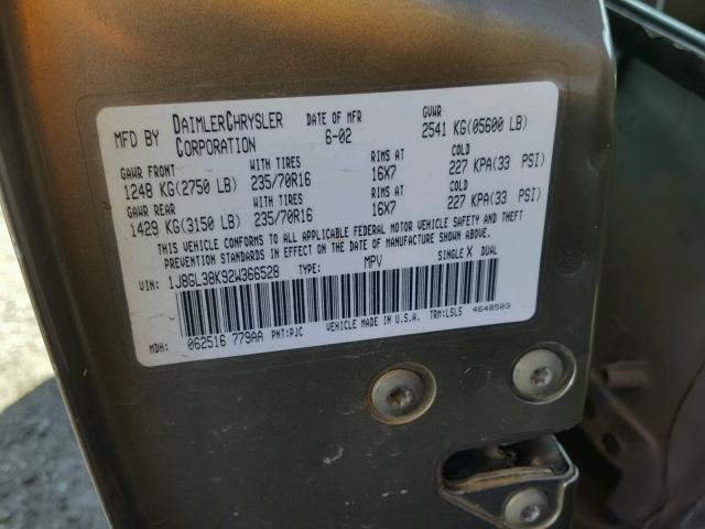 1J8GL38K92W366528 - 2002 JEEP LIBERTY RE 金色 照片 10