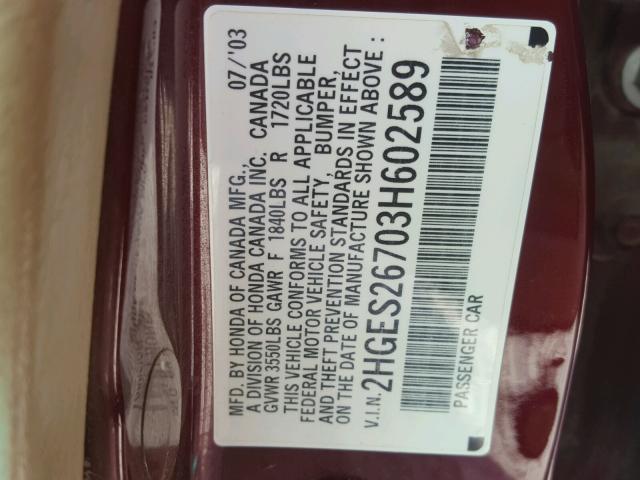 2HGES26703H602589 - 2003 HONDA CIVIC EX MAROON photo 10