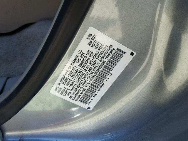 5FNRL38696B080966 - 2006 HONDA ODYSSEY EX SILVER photo 10