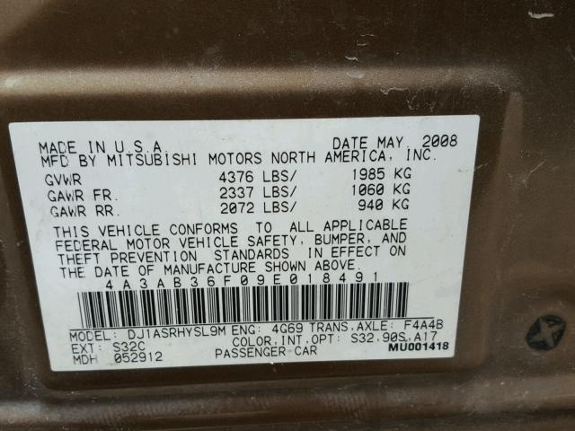 4A3AB36F09E018491 - 2009 MITSUBISHI GALANT ES BROWN photo 10