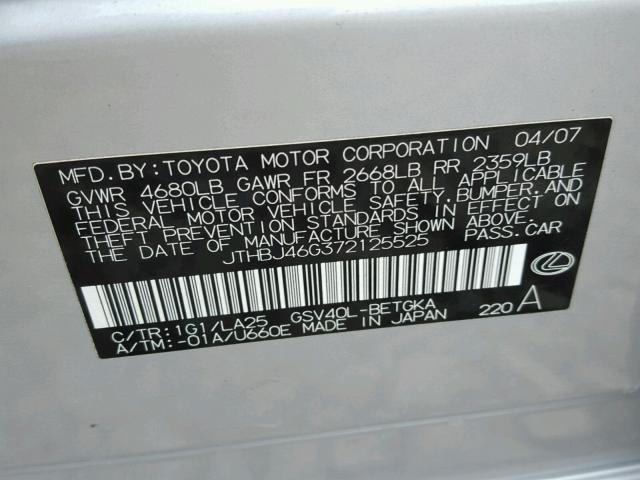 JTHBJ46G372125525 - 2007 LEXUS ES 350 SILVER photo 10