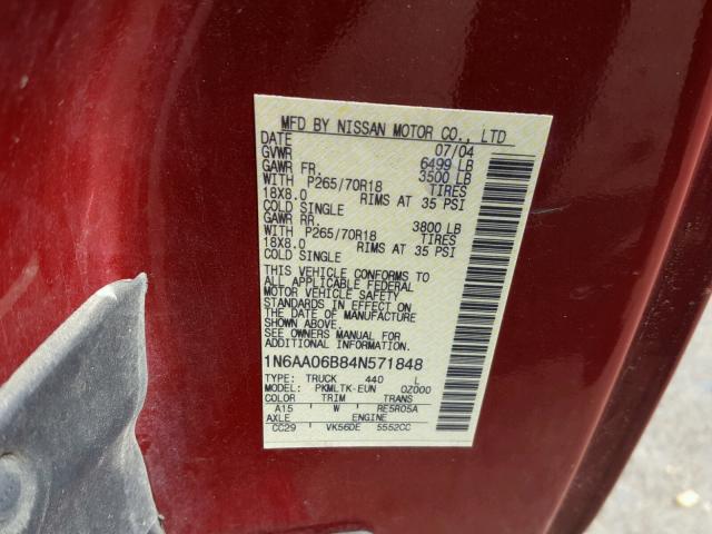 1N6AA06B84N571848 - 2004 NISSAN TITAN XE RED photo 10