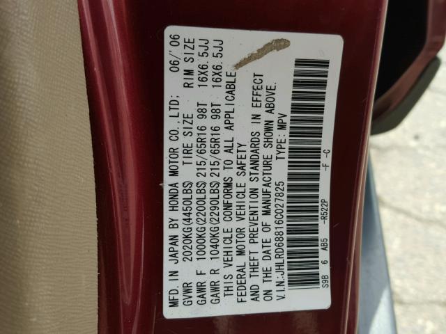 JHLRD68816C027825 - 2006 HONDA CR-V EX MAROON photo 10