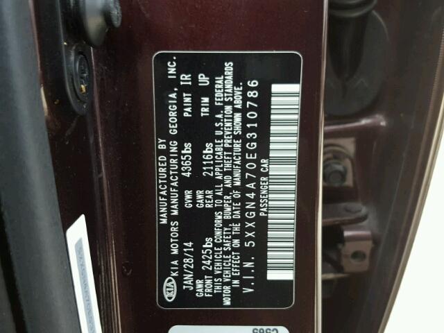 5XXGN4A70EG310786 - 2014 KIA OPTIMA EX BURGUNDY photo 10