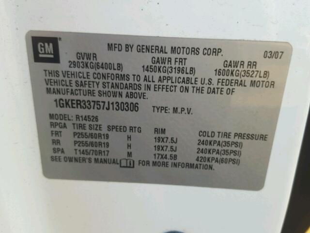 1GKER33757J130306 - 2007 GMC ACADIA SLT თეთრი ფოტო 10