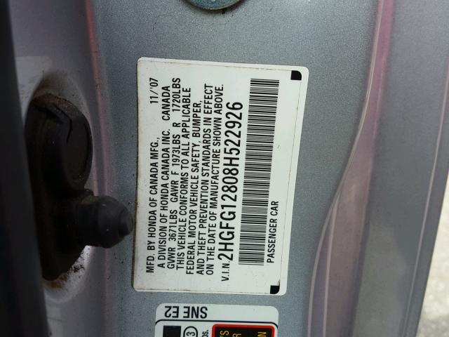 2HGFG12808H522926 - 2008 HONDA CIVIC EX Gümüş foto 10