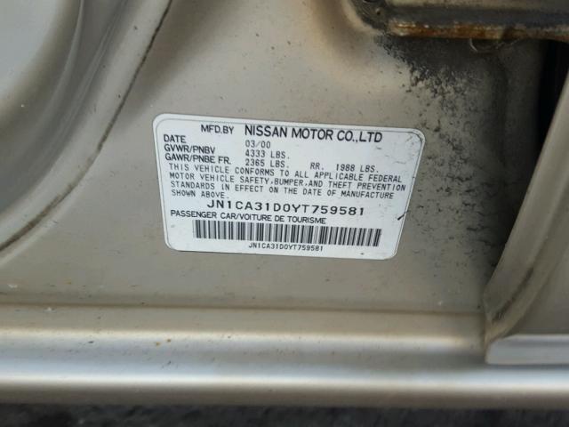 JN1CA31D0YT759581 - 2000 NISSAN MAXIMA GLE SILVER photo 10