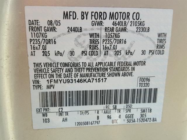 1FMYU93146KA71517 - 2006 FORD ESCAPE XLT SILVER photo 10