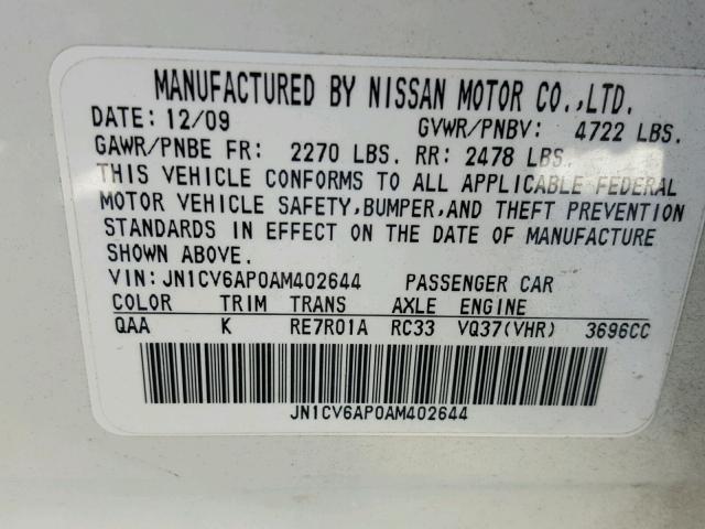 JN1CV6AP0AM402644 - 2010 INFINITI G37 BASE WHITE photo 10