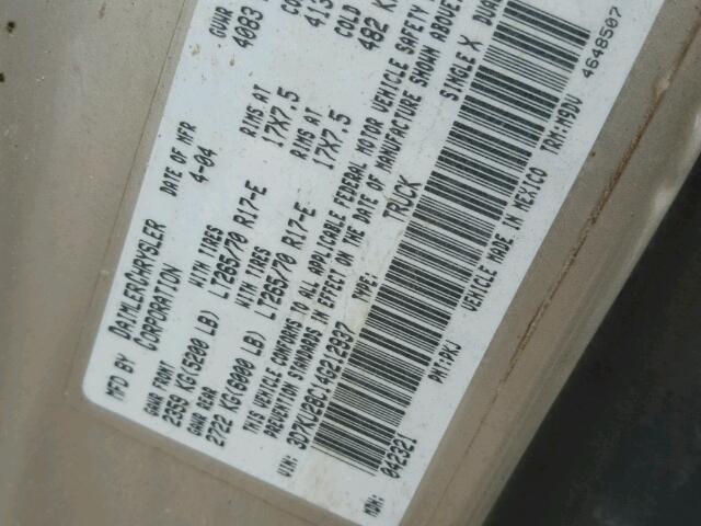 3D7KU28C14G212937 - 2004 DODGE RAM 2500 S BEIGE photo 10