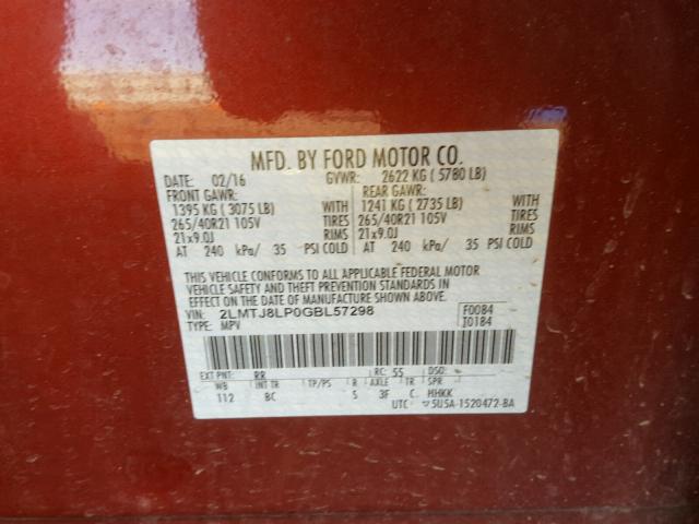 2LMTJ8LP0GBL57298 - 2016 LINCOLN MKX RESERV RED photo 10