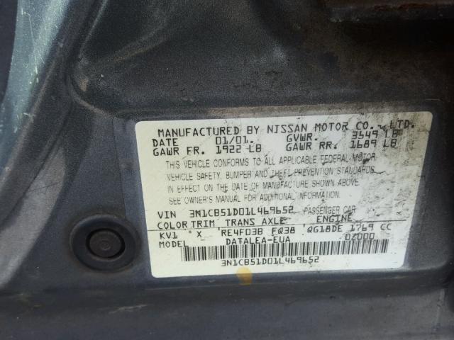 3N1CB51D01L469652 - 2001 NISSAN SENTRA XE GRAY photo 10