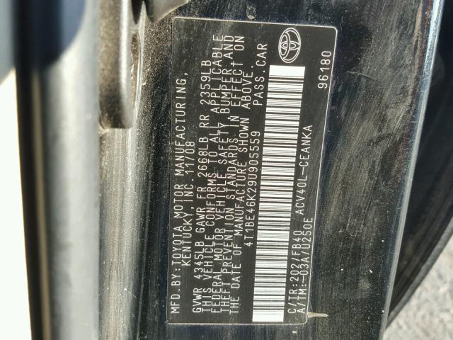 4T1BE46K29U905559 - 2009 TOYOTA CAMRY BASE BLACK photo 10