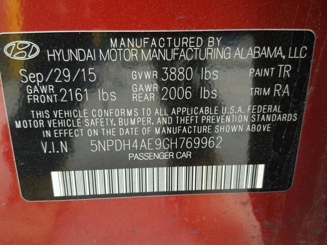 5NPDH4AE9GH769962 - 2016 HYUNDAI ELANTRA SE RED photo 10