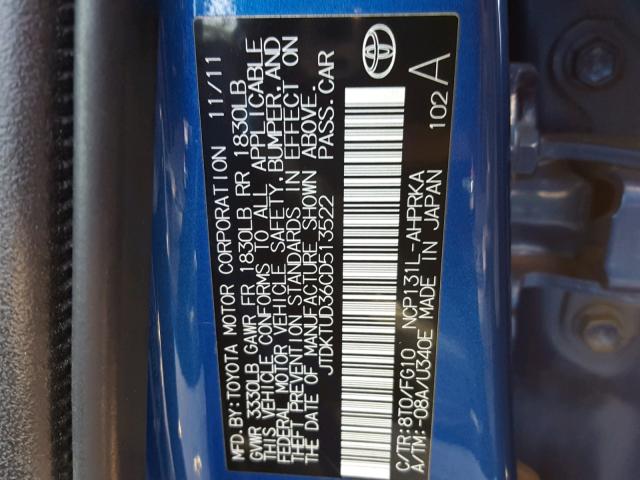 JTDKTUD36CD513522 - 2012 TOYOTA YARIS BLUE photo 10