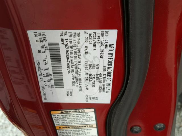 1FMZU63K84ZA58396 - 2004 FORD EXPLORER X RED photo 10