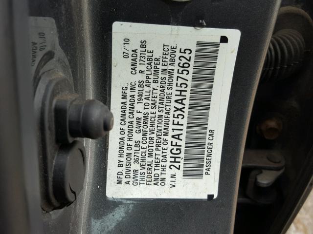 2HGFA1F5XAH575625 - 2010 HONDA CIVIC LX GRAY photo 10