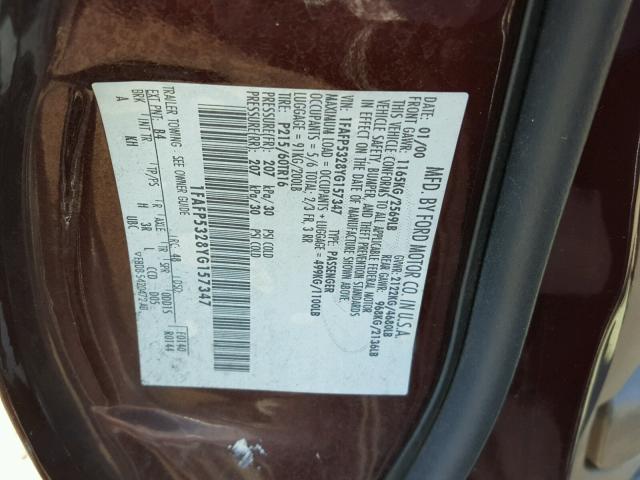 1FAFP5328YG157347 - 2000 FORD TAURUS SE BURGUNDY photo 10