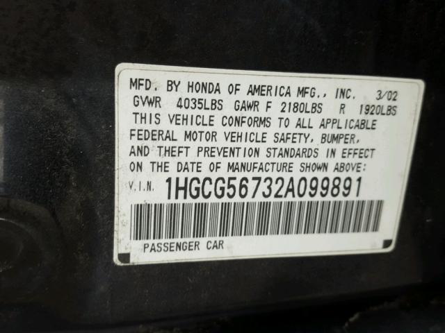 1HGCG56732A099891 - 2002 HONDA ACCORD SE BLACK photo 10