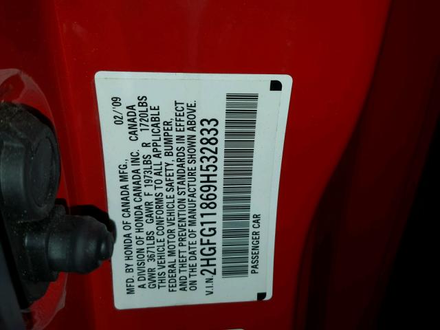 2HGFG11869H532833 - 2009 HONDA CIVIC EX RED photo 10