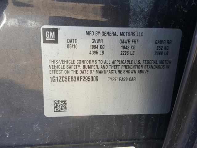 1G1ZC5EB3AF295009 - 2010 CHEVROLET MALIBU 1LT CHARCOAL photo 10