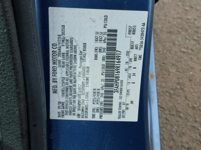 3FAHP08169R164917 - 2009 FORD FUSION SEL BLUE photo 10