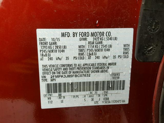 2FMPK3J85FBC07632 - 2015 FORD EDGE SEL RED photo 10