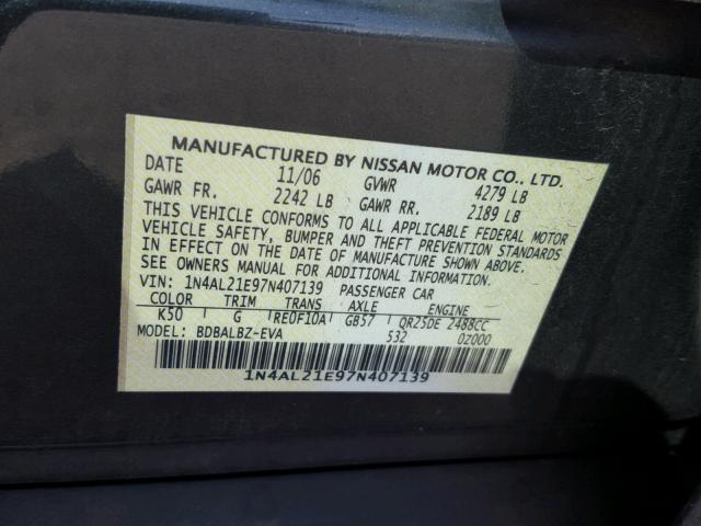 1N4AL21E97N407139 - 2007 NISSAN ALTIMA 2.5 GRAY photo 10