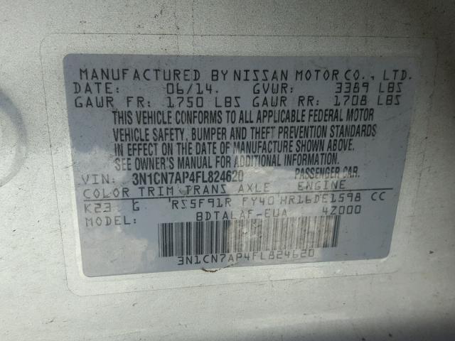 3N1CN7AP4FL824620 - 2015 NISSAN VERSA S SILVER photo 10