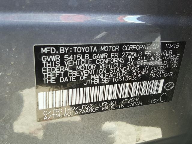 JTHBL5EF1G5139365 - 2016 LEXUS LS 460 GRAY photo 10