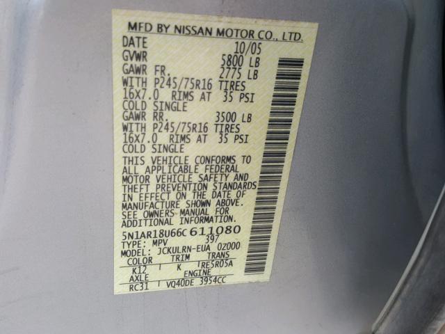 5N1AR18U66C611080 - 2006 NISSAN PATHFINDER SILVER photo 10