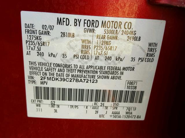 2FMDK39C27BA72123 - 2007 FORD EDGE SEL P RED photo 10