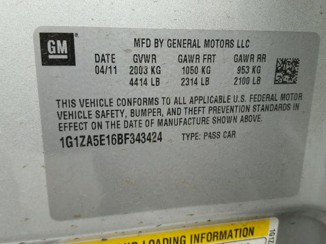 1G1ZA5E16BF343424 - 2011 CHEVROLET MALIBU LS SILVER photo 10