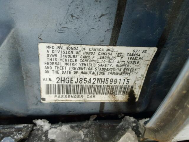 2HGEJ8542WH599115 - 1998 HONDA CIVIC EX ლურჯი ფოტო 10