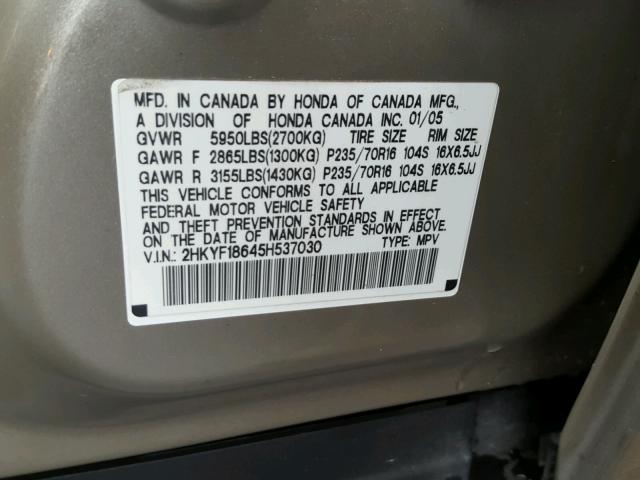 2HKYF18645H537030 - 2005 HONDA PILOT EXL BEIGE photo 10