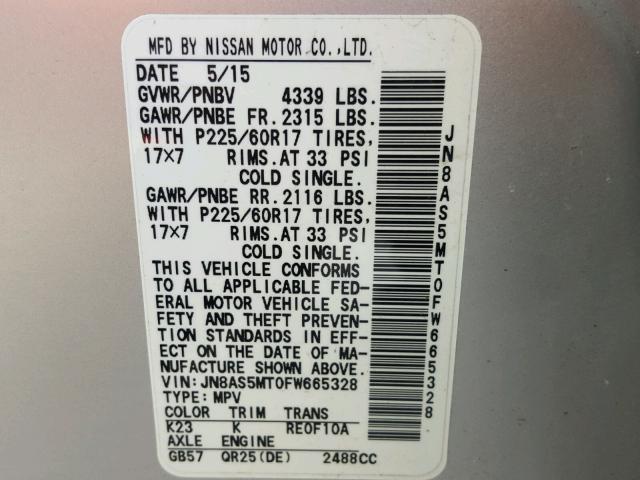 JN8AS5MT0FW665328 - 2015 NISSAN ROGUE SELE SILVER photo 10