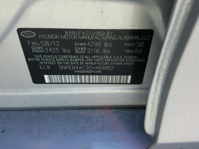 5NPEB4AC3CH469882 - 2012 HYUNDAI SONATA GLS SILVER photo 10