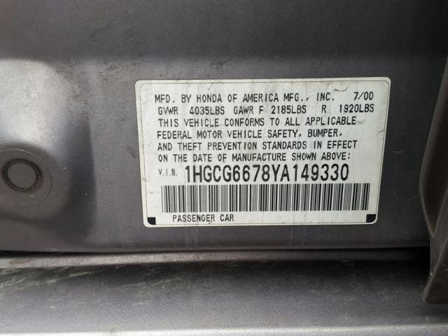 1HGCG6678YA149330 - 2000 HONDA ACCORD EX GRAY photo 10