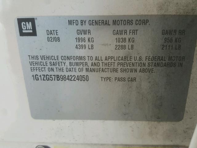 1G1ZG57B984224050 - 2008 CHEVROLET MALIBU LS თეთრი ფოტო 10