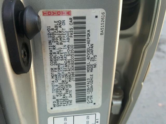 JTDBE30K820053500 - 2002 TOYOTA CAMRY LE SILVER photo 10