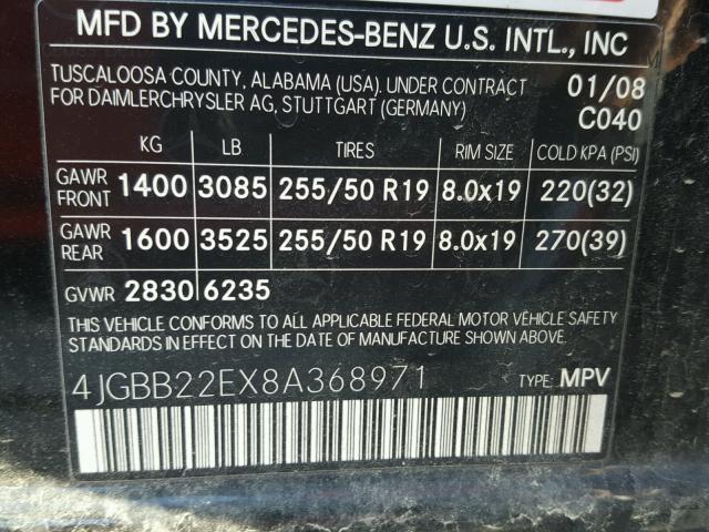 4JGBB22EX8A368971 - 2008 MERCEDES-BENZ ML 320 CDI BLACK photo 10